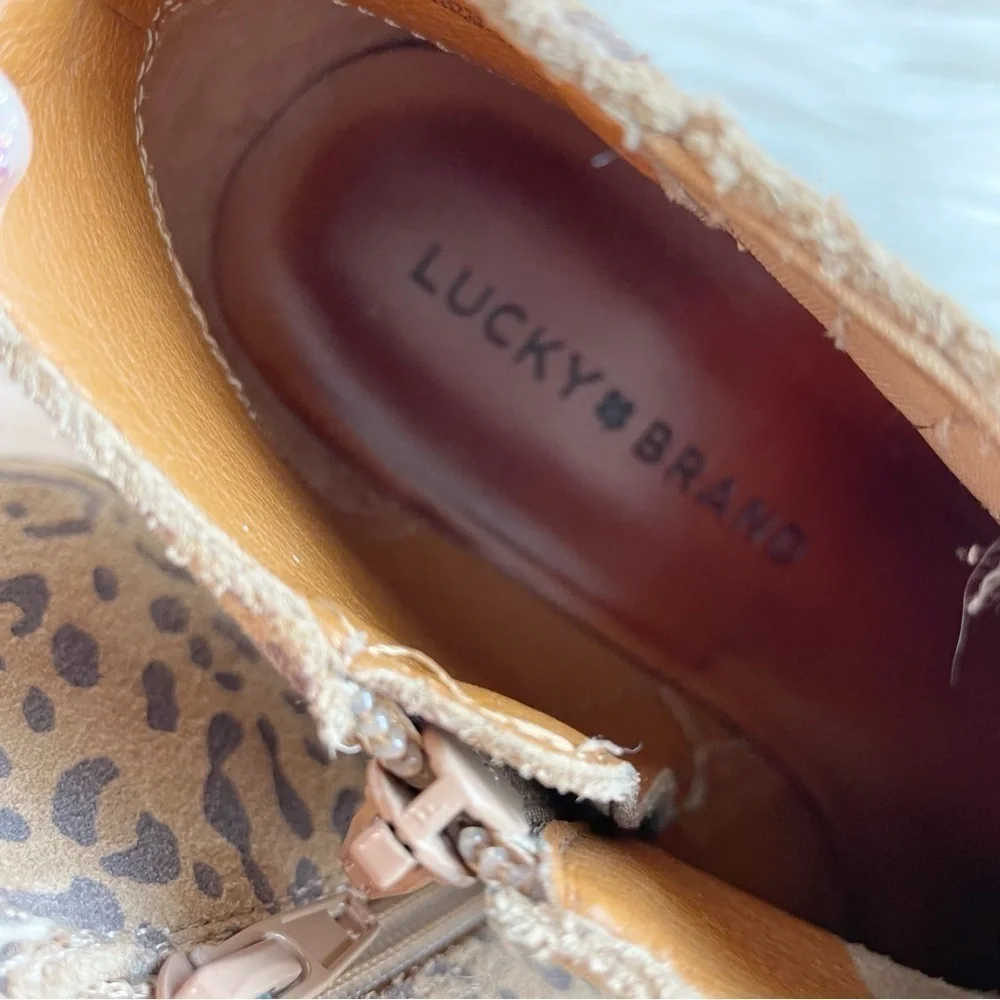 Lucky Brand Bimare Leather Ankle Bootie Javan Natural Leopard Printed Cow Suede
